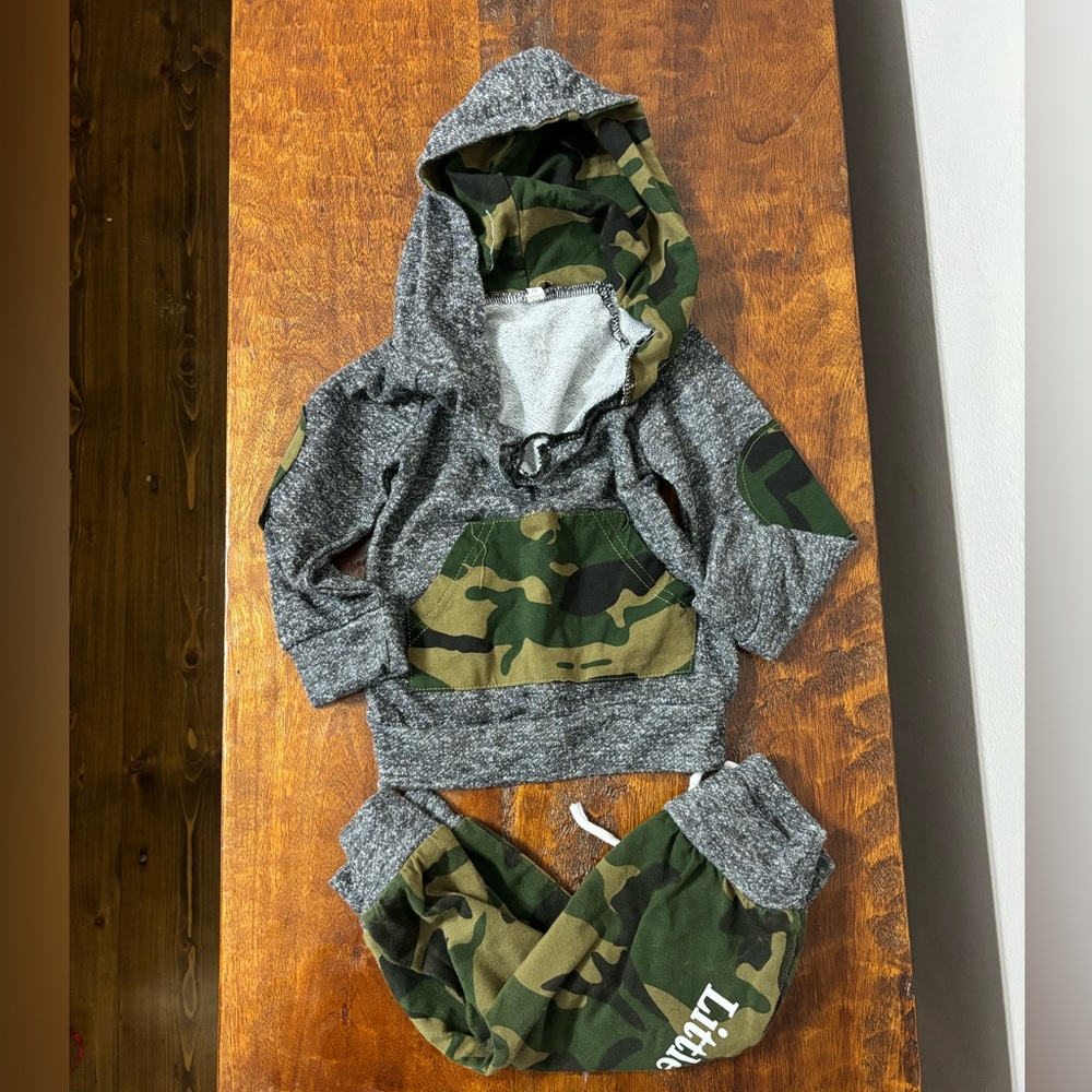 Gray and Camouflage Hoodie and Pants Set